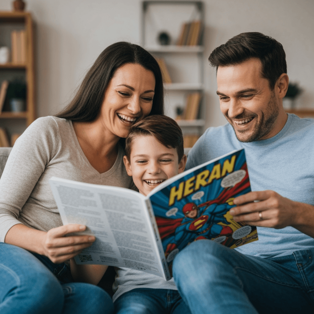 Family reading comic book together at home