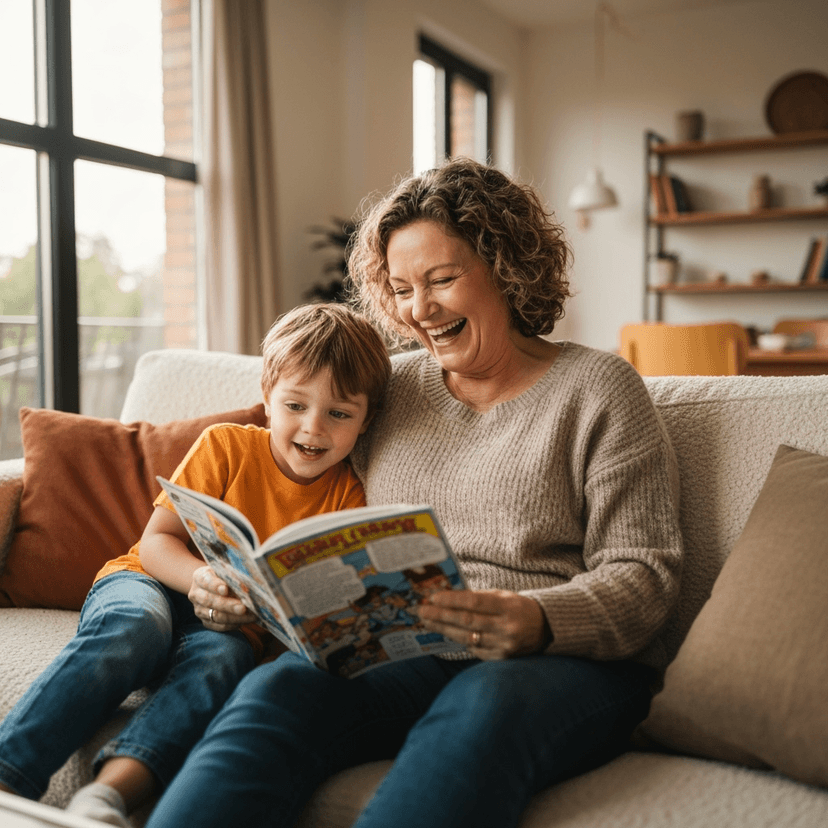 Parent reading comic with daughter